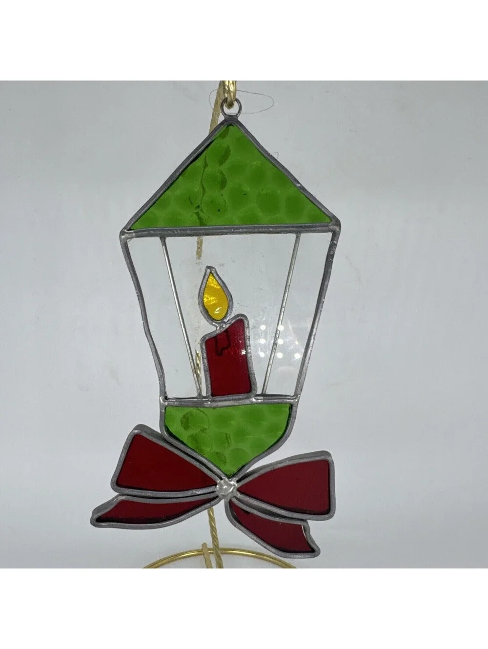 2 Vintage Handmade Stained Glass Suncatcher Ornaments Santa Candle Lantern Bow